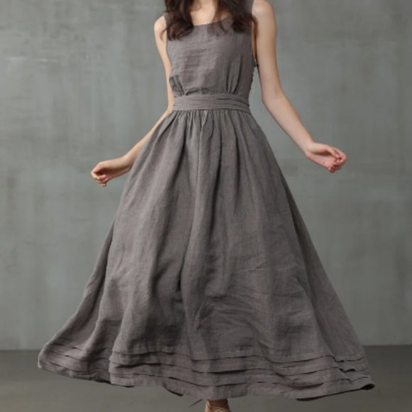 cross back linen dress, maxi linen dress, gray linen dress, sleeveless dress,  la
